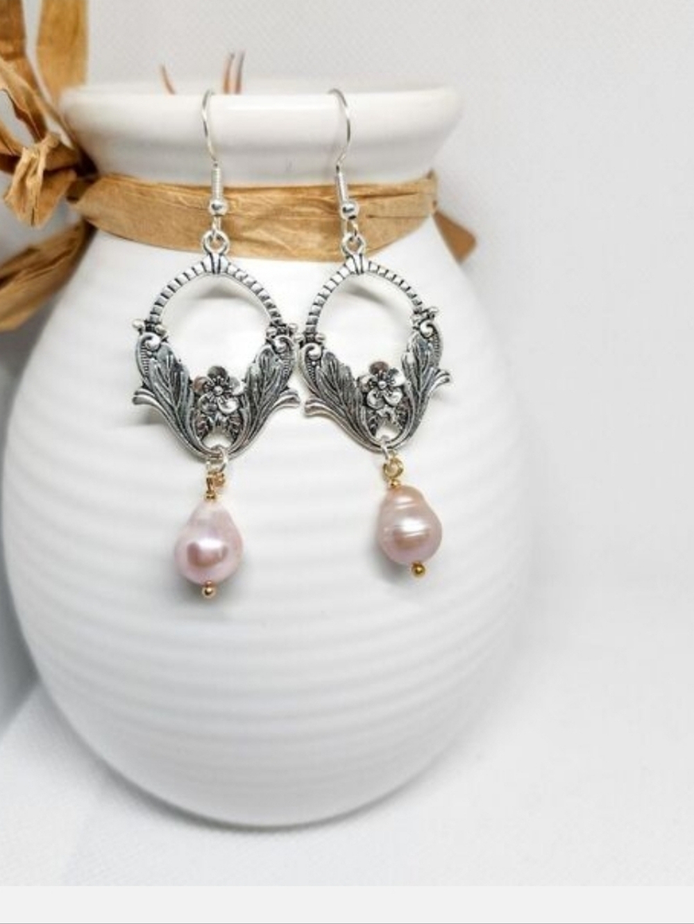 Victorian Pink Freshwater Pearl Drop Earrings Silver Floral Bridal Coquette